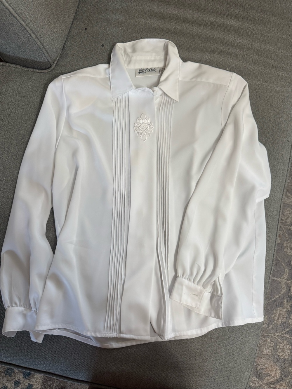 Vintage Yves St. Clair White women’s Pintuck Shirt with Embroidered Crest